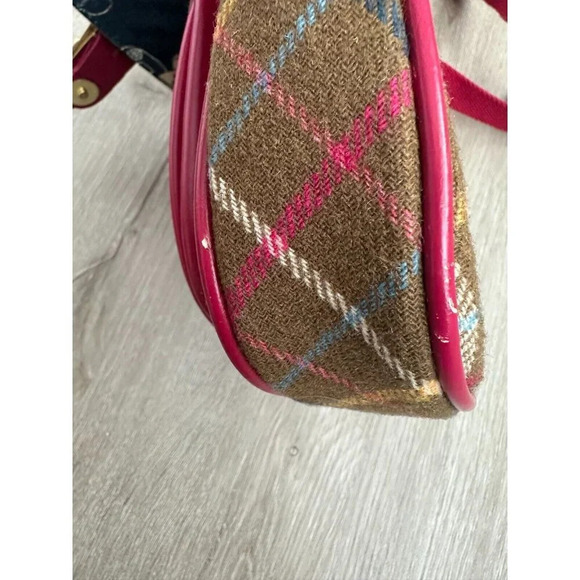 NESS Wool Rich Check Crossbody Bag Satchel Messenger Shoulder Pink Leather Trim - Picture 8 of 9